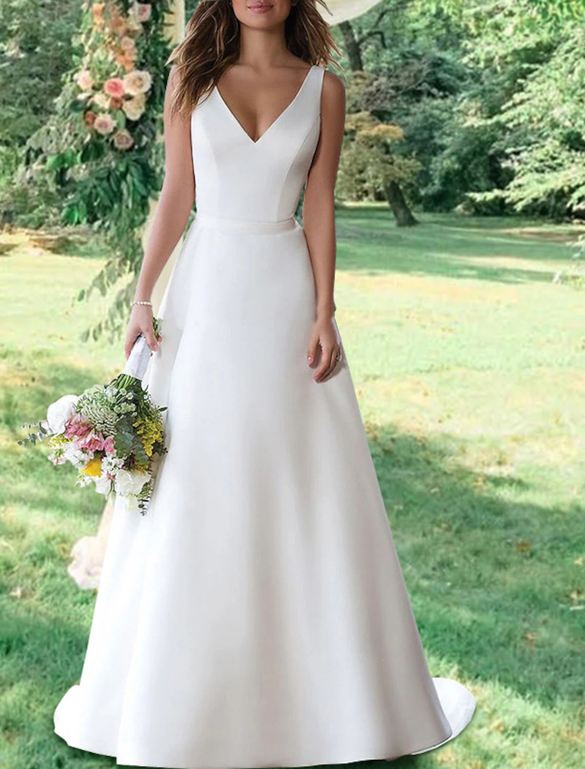Wholesale Hall Open Back Simple Wedding Dresses A-Line V Neck Sleeveless Sweep / Brush Train Satin Bridal Gowns With Appliques